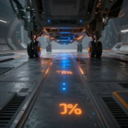 sci - fi floor from low angle view, panels, spaceport, landing gear, gray colour 7 0 %, orange colour 1 0 %, blue glowing point lights 2 0 %, avatar, cinematic keyframe. by fausto de martini, wadim kashin. ultra realistic, cinematic light, ue 5, featured on artstation, octane render, sharp focus, ray tracing, artstationhq, cgsociety, cinematic 8 k