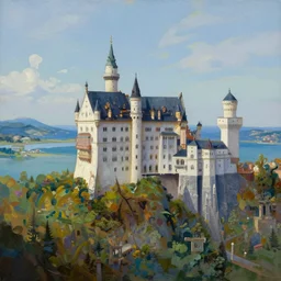 a beautiful painting of a castle built into a volcano island with ocean in the distance by patrick markle, trending on artstation