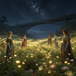 a fantasy landscape with a field of glowing flowers and a bridge in the sky, stars, ultra realistic, concept art, intricate details, eerie, highly detailed, photorealistic, octane render, 8 k, unreal engine. art by rebecca guay and artgerm and greg rutkowski and charlie bowater and magali villeneuve and alphonse mucha