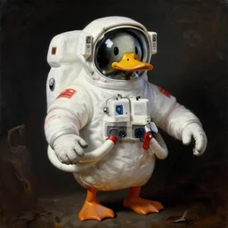 duck astronaut, proudly posing for a portrait, heroic, painted by rembrandt and hr giger, intricate, detailed, atmospheric lighting.