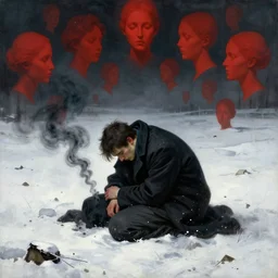 a lonely man curled up with black smoke coming out of him, on a white snowy post apocalyptic field, surronded by floating red female heads, painting by beksinski