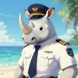 character portrait feature of the anthro male anthropomorphic white rhino fursona wearing airline pilot outfit uniform professional pilot for the us air force character design stylized by charlie bowater, ross tran, artgerm, and makoto shinkai, detailed, soft lighting, rendered in octane, maldives in background