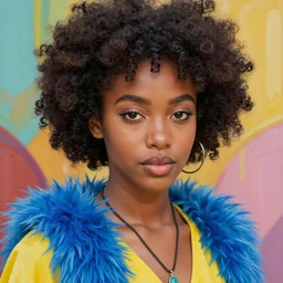 portrait of beautiful young black woman with afro, wearing yellow top with blue fur and necklace, soft face, sexy lips, summer lighting, highly detailed face shot, big brown eyes, colorful background oil and acrylic painting on canvas