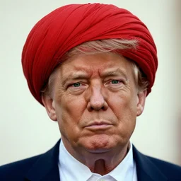 portrait of president donald trump as afghan man, green eyes and red turban looking intently, photograph by steve mccurry