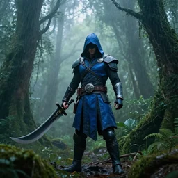 male wearing blue and black assassin armor with a hood, and a giant curved blade in his right hand, lush, exotic forest, heavy rain, fog, hard lighting, ultra - hd, super - resolution, sombre, atmospheric