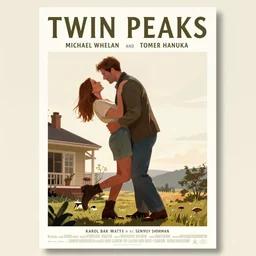 poster artwork by Michael Whelan and Tomer Hanuka, Karol Bak of Naomi Watts & Philip Seymour Hoffman falling in love, from scene from Twin Peaks, clean, simple illustration, nostalgic, domestic, full of details