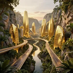 futuristic roads sculpted in mountain jungle cityscape golden buildings bridges overgrown vegetation algarve caves of benagil, golden buildings by santiago calatrava and zaha hadid, glowing reflections, at dusk, octane render redshift unreal engine, composition by by saul bass and mike mignola