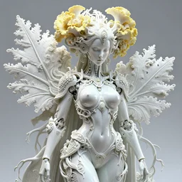 intricate hyper detailed ultra sharp 3 d render of a beautiful smooth porcelain seductive cyborg woman portrait, medium shot portrait, bright light, alexandre ferra mecha, haute couture deeply cyberpunk art nouveau huge white fractal mycelum and fungi light yellow blooms head ornaments, big embroidered leaves filigree spreaded roots, octane render, volumetric cinematic lighting, 8 k, vray tracing