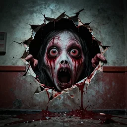 horror creepypasta chuck E cheese breaking into room, hyperrealistic blood and eyes