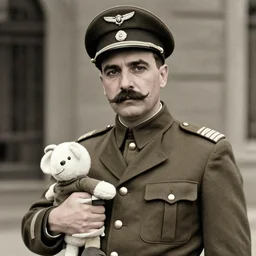 the famous pilot francesco baracca, with small pen mustaches, in regia areonautica's uniform, holding a plushie, perfect face, made by a early century photographer