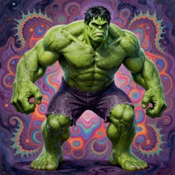 the incredible hulk becomes a fractal, painted by alex grey. psychedelic visionary art