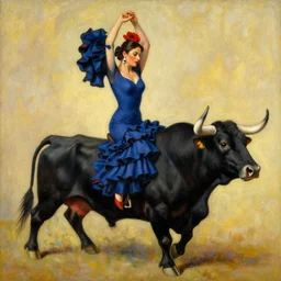 highly detailed painting of flamenco dancer riding a black bull in mallorca by tamara de lempicka