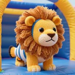 a closeup photorealistic photograph of a cute knitted barracuda lion inside of a bouncy castle. intricate stitching. professional capture. brightly lit scene. this 4 k hd image is trending on artstation, featured on behance, well - rendered, extra crisp, features intricate detail, epic composition and the style of unreal engine.