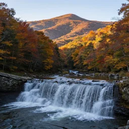 award winning landscape photography of blue ridge mountains of virginia in autumn, waterfall in foreground, wide angle, beautiful morning light