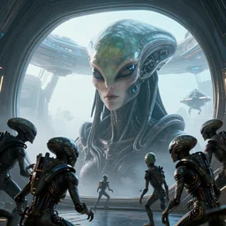 aliens brainsuckers warriors attacking shakti godess near the giant window inside ufo, masterpiece. rendered in blender, ultra realistic, smooth shading, ultra detailed, high resolution, cinematic, unreal 6, perfect face, cyberpunk, fine details, studio lighting, subtle shadows, art by katsuya terada, photorealism, hyper realism, octane render, hyper detailed, canon eos r 3, f / 1. 4, iso 2 0 0, 1 / 1 6 0 s, medium shot, 8 k, raw, unedited, in - frame,