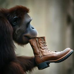 photo still of an orangutan eating a boot boot in mouth holding boot to mouth eating a boot!!!!! eating a boot!!!!!, 8 k