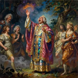 a baroque neoclassicist renaissance landscape of an iridescent priest performing an exorcism with a wide open mouth. reflective detailed textures. glowing colorful fog, dark background. highly detailed fantasy science fiction painting by moebius, norman rockwell, frank frazetta, and alphonse mucha. rich colors, high contrast. artstation