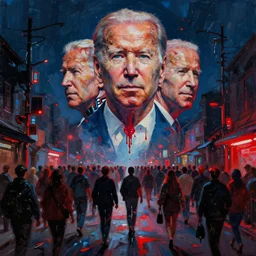 a dark street with hordes of wandering people red lights cybernetic joe biden's face joe biden's face joe biden's face ( large ) hovering over the unwashed masses, dystopian, cyberpunk, dripping oil paint, thick brushstrokes, abstracted painterly techniques, high resolution