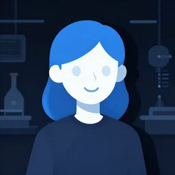 in the style of cel shaded minimalistic dark vector art : : clean digital corporate art : : pale hologram smiling science girl blue hair : : shadowed futuristic lab background interior