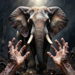 scary elephant made of wrinkly human hands, lovecraftian