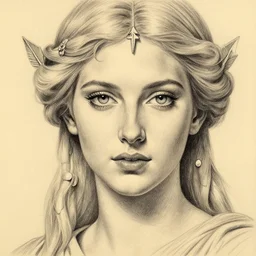 pencil drawing of a beautiful greek goddess aphrodite with arrowhead jewelry, beautiful piercing eyes, beautiful blonde hair, hyper realistic face, in the style of greg rutkowski, fantasy, amazing detail, epic, elegant, smooth, sharp focus, from the front