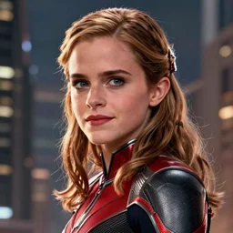 Emma Watson as Giant Man, towering over a city, head and shoulders in frame, film still from 'Ant-Man and the Wasp'