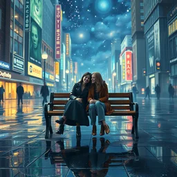 two happy best friends sit on a bench in cosmic city, wet ground, reflection, diffuze light, fuzzy, dream like, by van gogh and david normal and salvador dali and lynn chen