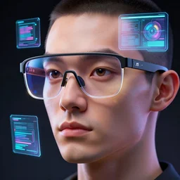 highly detailed futuristic Apple iGlass computer glasses on face of human, cyberpunk, holograms, concept art, character art, studio lightning, bright colors, intricate, masterpiece, photorealistic, hyperrealistic, sharp focus, high contrast, Artstation HQ, DeviantArt trending, 8k UHD, Unreal Engine 5