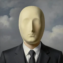 portrait of a faceless cloth mask - head man in a suit, clouds in the background, by rene magritte, detailed painting, distance, centered, hd, hq, high resolution, high detail, 4 k, 8 k