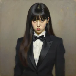 portrait of a beautiful korean girl with long hair and bangs wearing a tuxedo an angry expression, oil on canvas, elegant pose, masterpiece, Jonathan Yeo painting