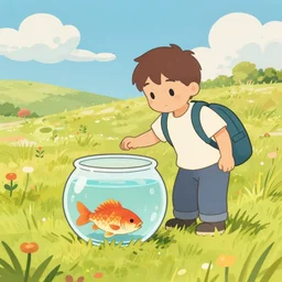 the prince from katamari rolling a fishbowl in a field, 4 k