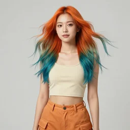 a award winning half body portrait of a beautiful woman in a croptop and cargo pants with ombre orange blue teal hairstyle with head in motion and hair flying by yoshii chie and hikari shimoda and martine johanna and will eisner, outrun, vaporware, digital art, trending on artstation, highly detailed, fine detail, intricate
