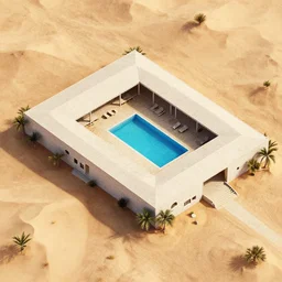 an aerial view of a building with a pool in the middle, desert, a 3 d render by filip hodas, cgsociety, photorealism, isometric, terragen, artstation hq