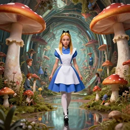 vfx surreal 3 d portrait of alice from wonderland walking into a non - euclidean and infinite tunnel of evanescent hallucinatory images, reflections in endless mirrors, giant mushrooms, hyperdetailed, octane render, sharp focus, concept art, intricate by alex grey, greg rutkowski jeff soto and daniel merriam, dan mumford and pixar, octane render