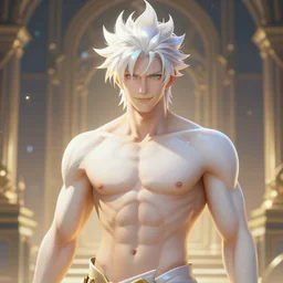 fullbody portrait of a male fit hero with strange hairs, soft smile, final fantasy, league of legends champion, strong iridescent light, by chengwei pan and sakimichan, gradient white to gold, in front of a magical building background, highly detailed portrait, digital painting, smooth, focus illustration