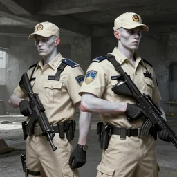 beige uniform pale zombie security guard officers in and caps with background brutalist concrete interior trending on artstation digital painting highly detailed 4 k 8 k holding bullpups hd by greg rutkowski
