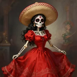 cute & beautiful smiling mexican undead skeleton girl wearing a sombrero and a wide red dress, elegant, digital art, fantasy, painting, pin up, highly detailed, artstation, art by artgerm and boris vallejo