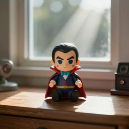 vampire themed polly pocket toy set, sat on a wooden study desk in front of a glass window with light beaming over it like a spot light, god rays, dust particles, photorealistic, aesthetic shot, worms eye view, macro camera lens, high definition, thematic, cinematic, lens flare
