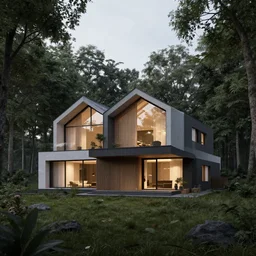 a house in the middle of the forest, lights inside, contemporary architecture, architecture render, unreal engine, detailed