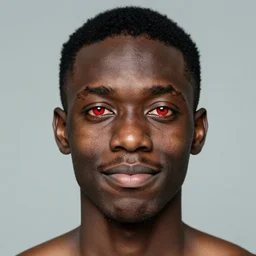 studio photograph of a black person with japanese red eyes and a sad smile