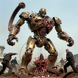 movie still of prize winning flayed god machine battle chaos, sentient, dethroned goliath machine, blood turbines, hydrocracking battles, rusted, macerated, eviscerated by fimbria wires, bicornate fungal pit, brass sheen rotting, by alberto bontempi, alex ross, shigeru komatsuzaki, wayne d barlowe, alex ross