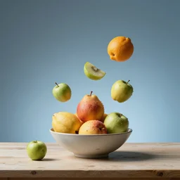 A still life of a bowl of fruit on a table. The fruit is floating in the air and the bowl is levitating off the table. The background is a gradient of blues