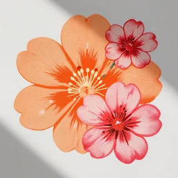 vintage color halftone advertisement large colorful orange peach and one pink blossom illustration, nostalgic high saturation, solid light grey background