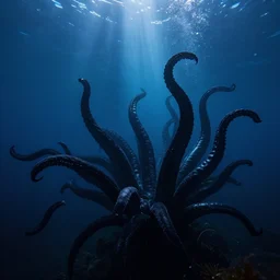 “a swarm of black tentacles underwater, underwater photography, trending on artstation, crepuscular rays, deep blue dark water background, abyss, horror”