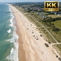 a drone shot of Normandy beach landings, WW2, aerial view, photograph, photorealistic, detailed, sharp image, 8k SDR, award-winning, beautiful,