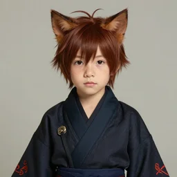 portrait of a realistic 1 6 years old fantasy cat boy character wearing a japanese traditional outfit, mid - short hairs, dark brown redhead, some freckles, miqote, final fantasy xiv