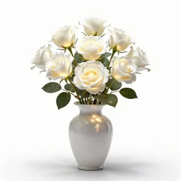 mythical glowing white roses in vase, photorealistic wildlife photography, full body, isolated on a pure white background, centered, entire subject in frame, sharp focus, soft studio lighting