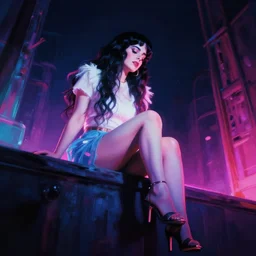 Lana del rey kissing death sitting on the edge of the abyss, bottom up view, neon style, sharp blurry strokes