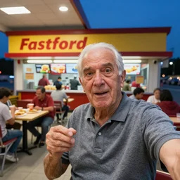 a old fast food in usa, people inside eating meals, midnight, selfie from