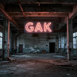 an abandoned industrial basement lit a neon sign advertising GAK